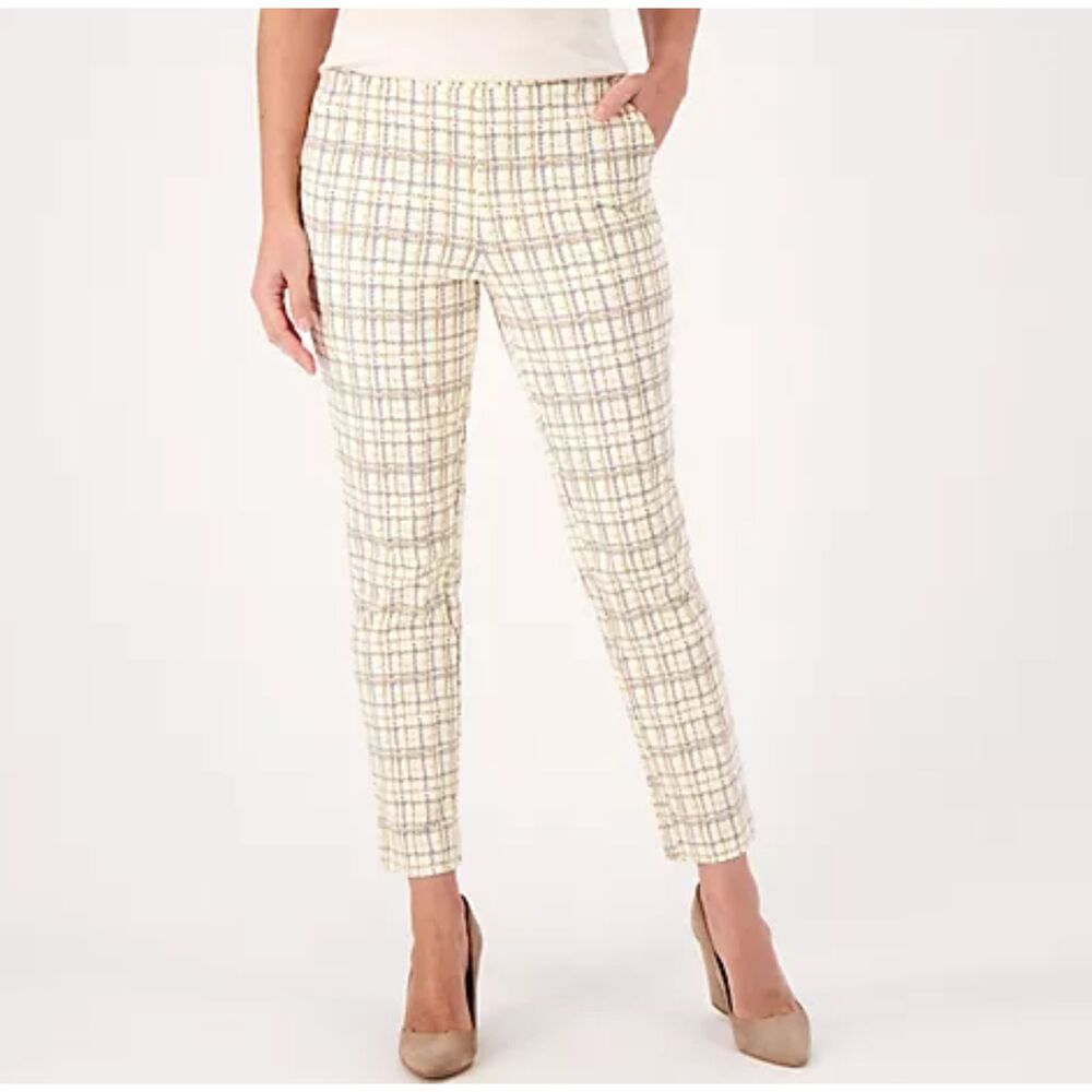 Isaac Mizrahi Live! Cream Plaid Slim Ankle Dress Pants Size 8 Classic Preppy